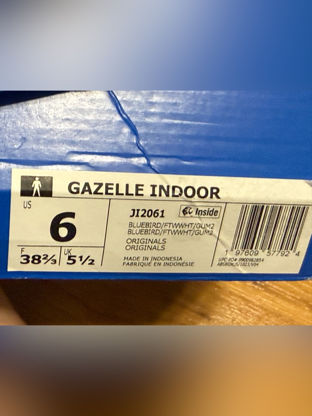 adidas Gazelle indoor Men's Blue Suede Sneakers with White Stripes, size 6 NIB - Picture 10 of 10